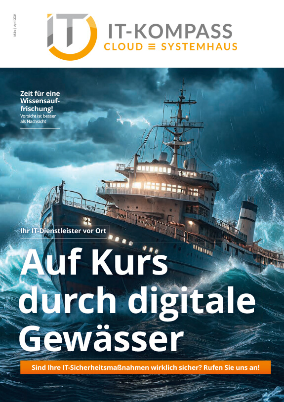 Auf dem Titelbild des IT-Kompass Magazins der Ausgabe März/April 2024 ist ein Schiff auf hoher See in stürmischem Gewässer zu sehen.