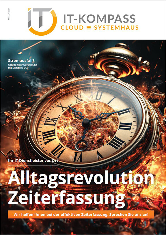 Auf dem Titelbild des IT-Kompass Magazins der Ausgabe Mai/Juni 2024 ist eine Taschenuhr vor Flammen und flüssigem Metall im Hintergrund zu sehen.
