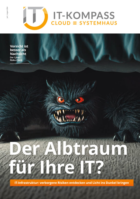 Auf dem Titelbild des IT-Kompass Magazins der Ausgabe Juli/August 2024 ist ein Monster unter dem Bett zu sehen in Kombination mit der Frage “Der Alptraum für Ihre IT?”.